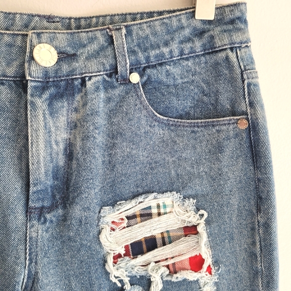 House of Holland Plaid Patchwork Distressed Jeans - Picture 2 of 8